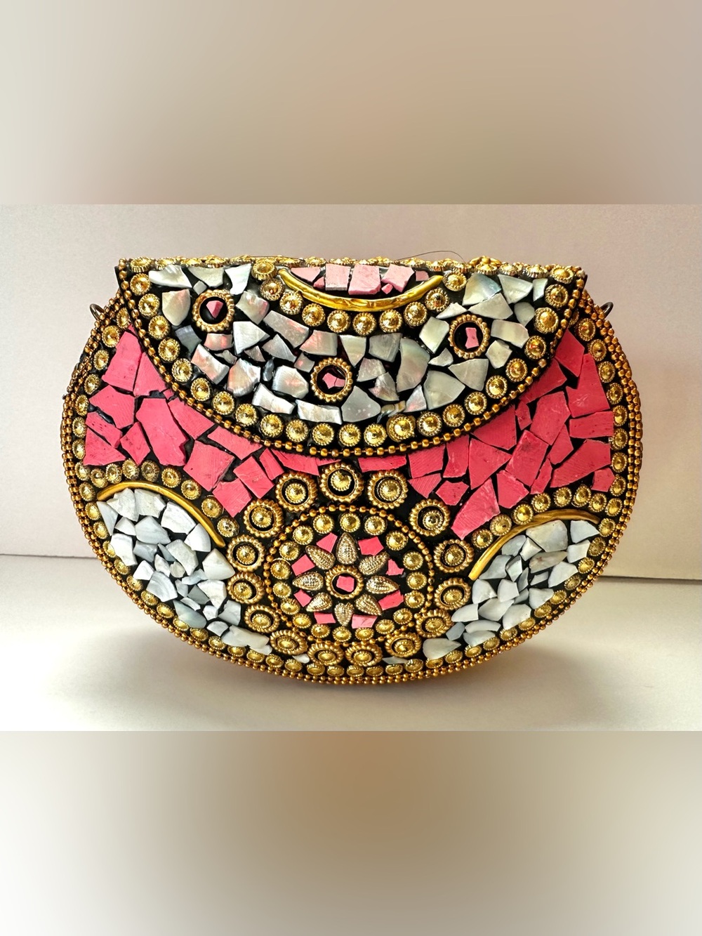 Ramla Handcrafted Pink Mosaic Evening Clutch - Embellished Accent Bag